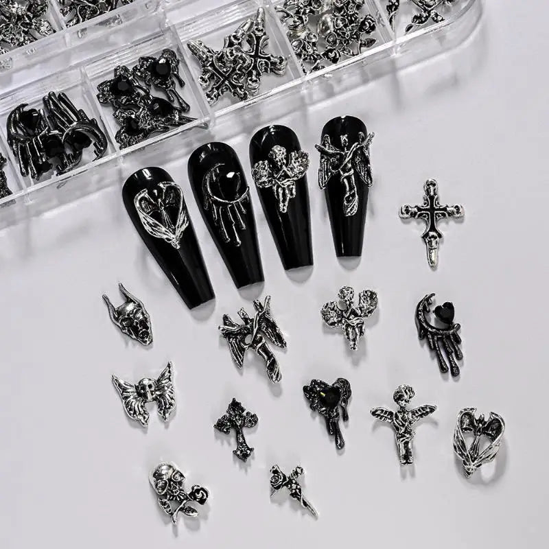 12-Grid Y2K Vintage Cross & Skull Nail Art Charms Set