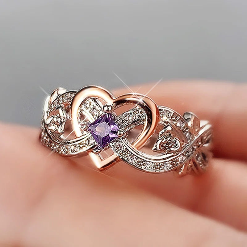 Huitan Women's Heart Rose Ring – Cubic Zirconia Wedding Band
