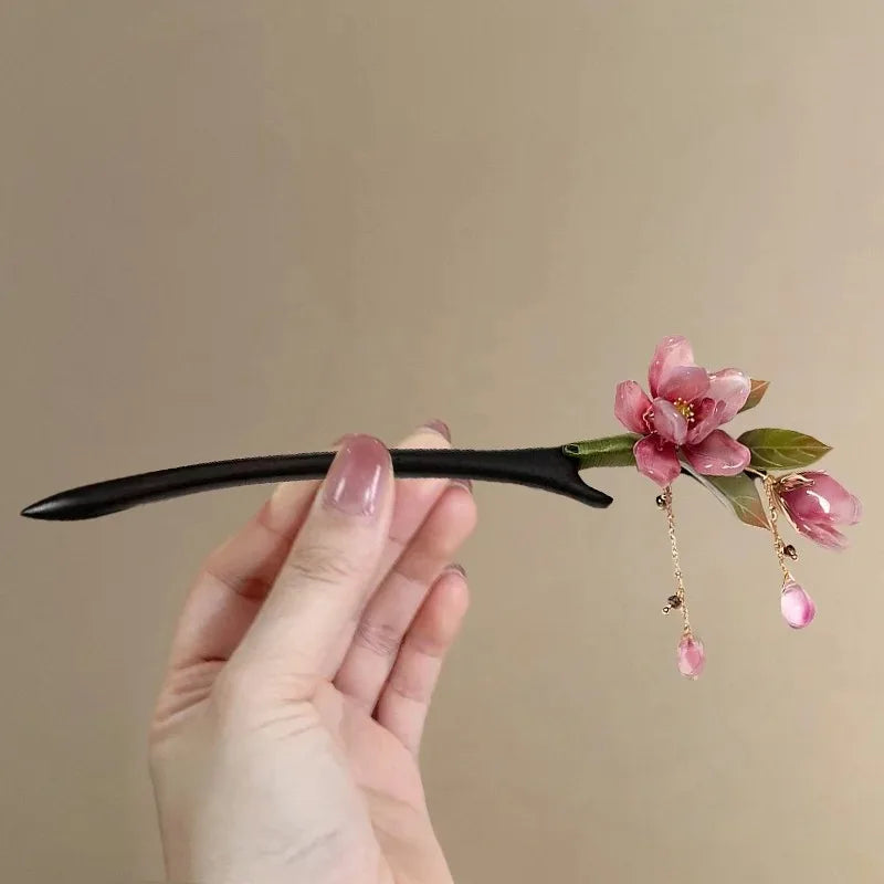 Chinese Floral Hair Stick – Pink Flower Tassel Hanfu Hairpin