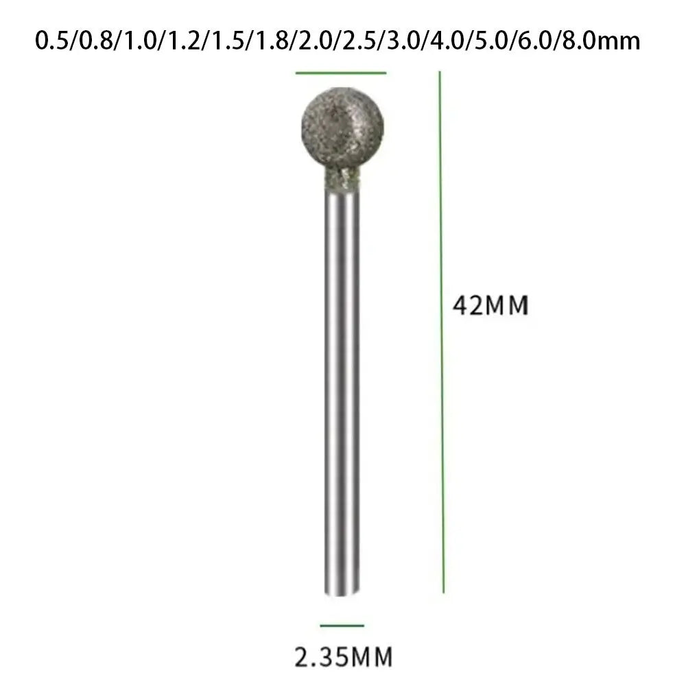 5-Pc Diamond Spherical Burr Set – 2.35mm Shank, 0.5–8mm