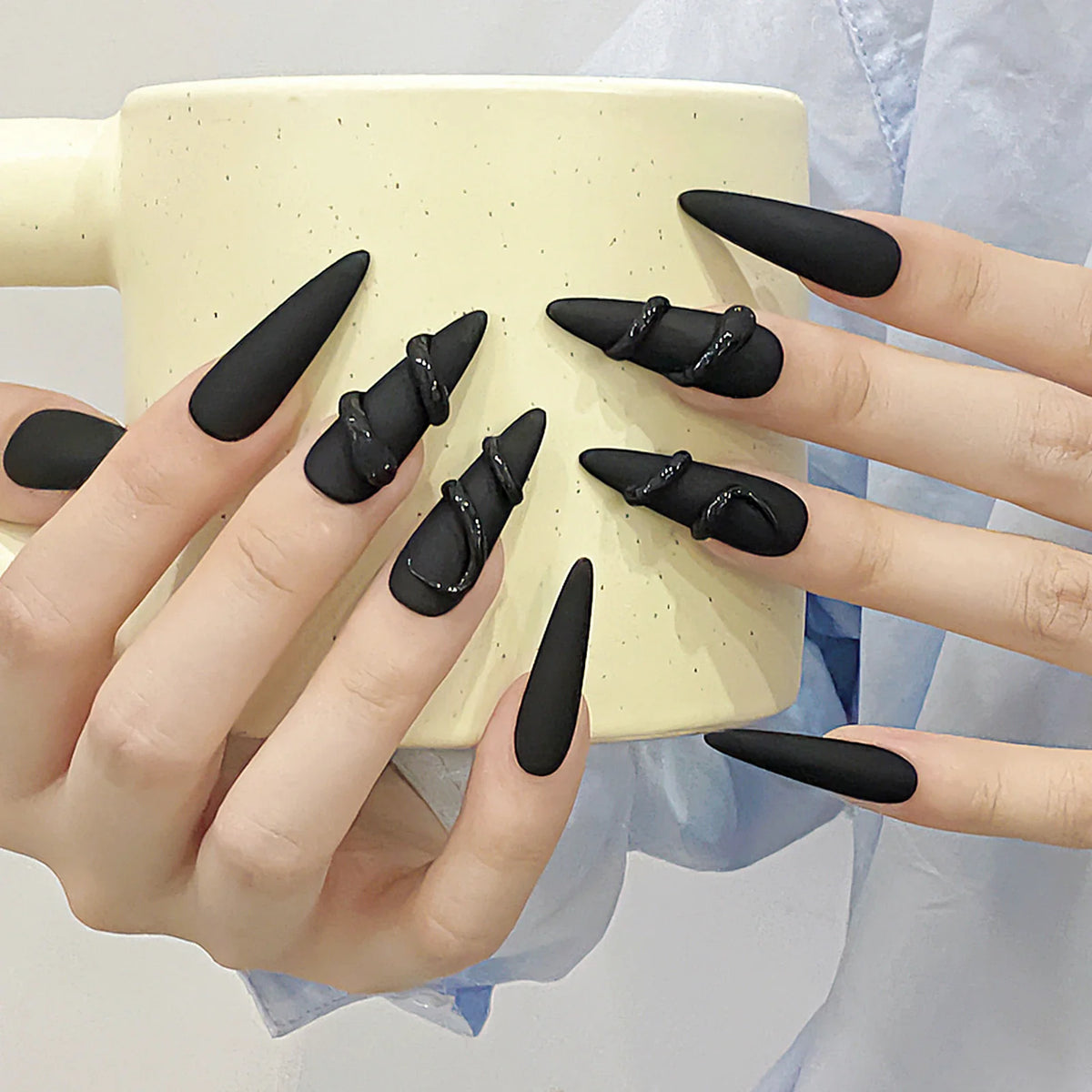 Matte Black 3D Almond Press On Nails – Punk Y2K Style 10pcs
