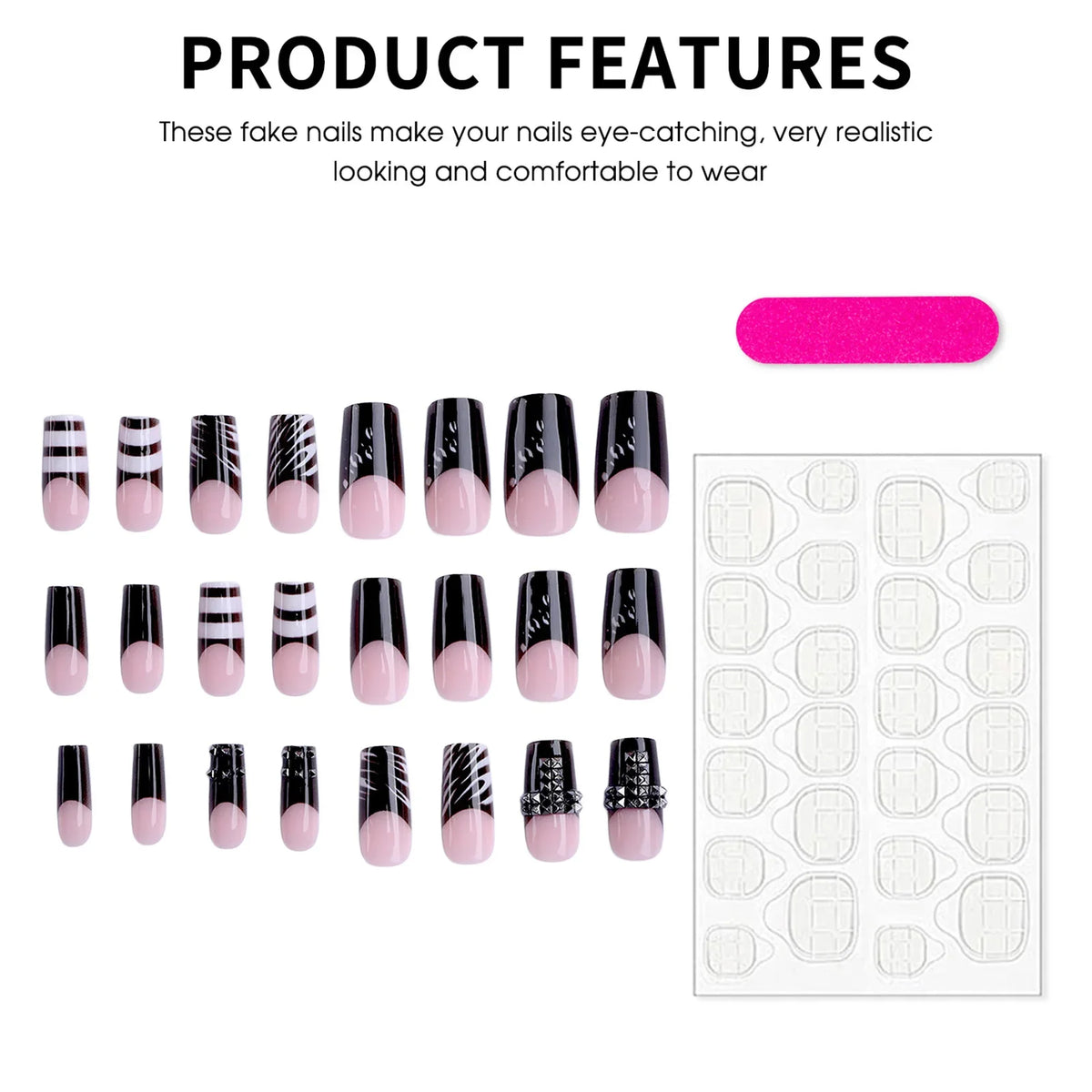 Dark French Square Fake Nails Press Metal Decor Wearable Black Gothic