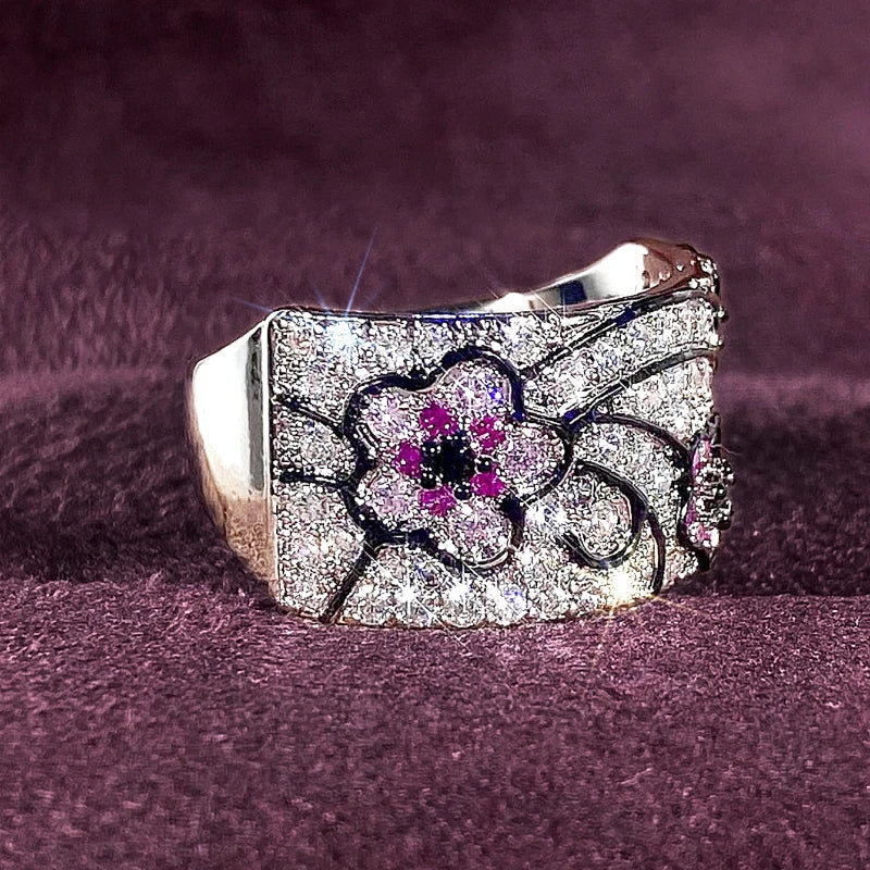 Huitan Flower CZ Pave Ring – Women's Wedding Band | Sizes 5–14