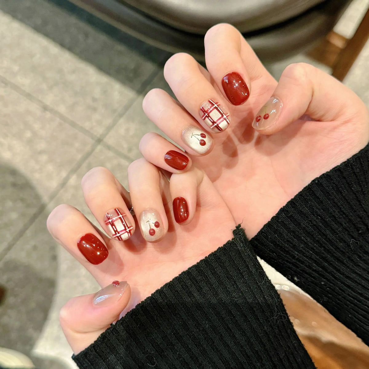 Handmade Red Cherry Glitter Cat Eye Press-On Nails | Short Round