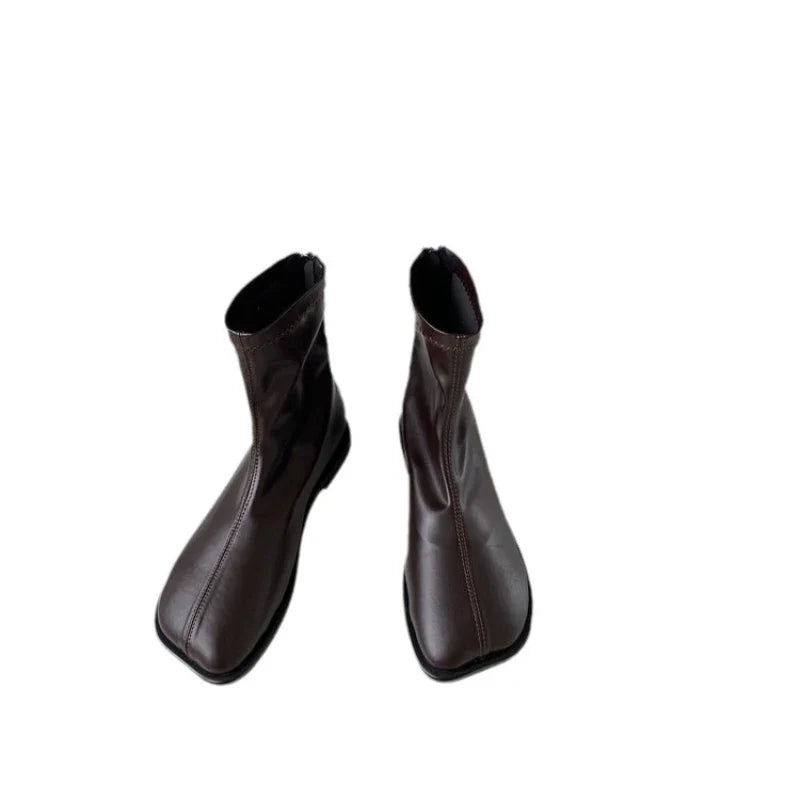 Women's PU Leather Ankle Boots – Square Heel Side Zip