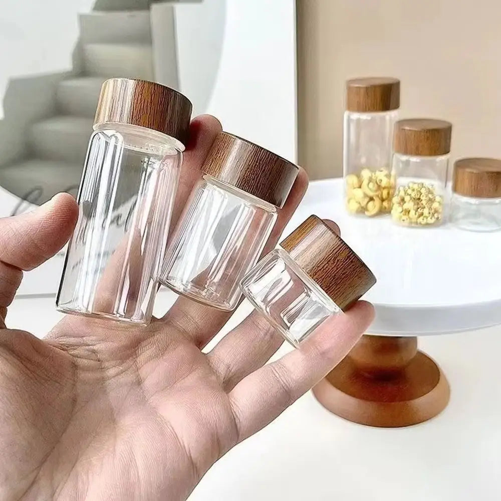 10 20 Wooden Lid Mini Glass Bottles Transparent Sealed Small Spice