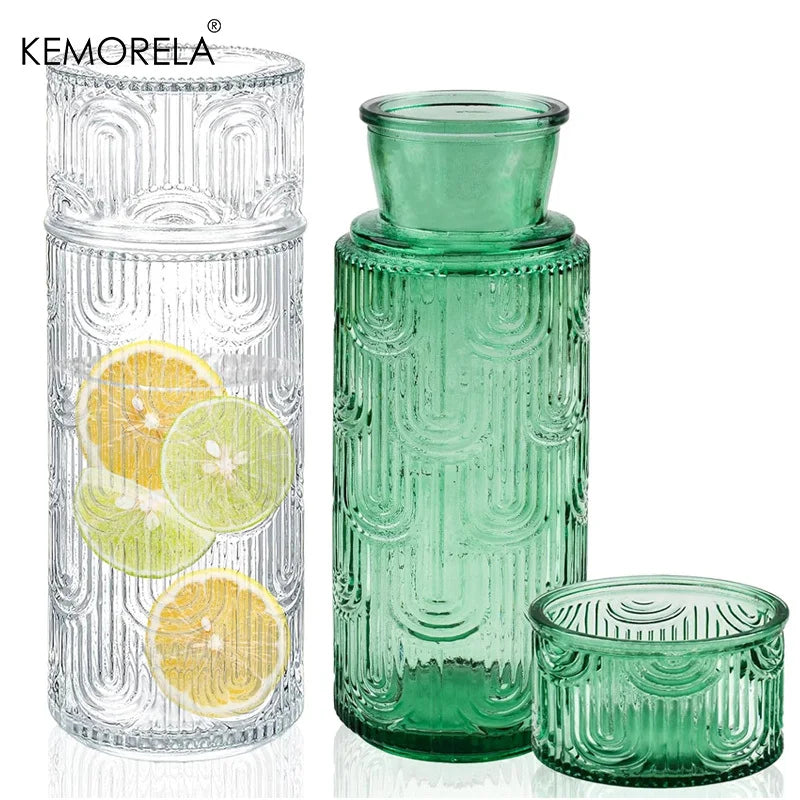 Vintage Glass Pitcher Set with Tumbler & Lid – Bedside Carafe