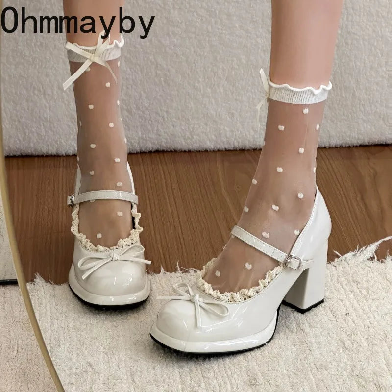 Butterfly-Knot Mary Jane Chunky Heel Pumps | Women's Dress Shoes