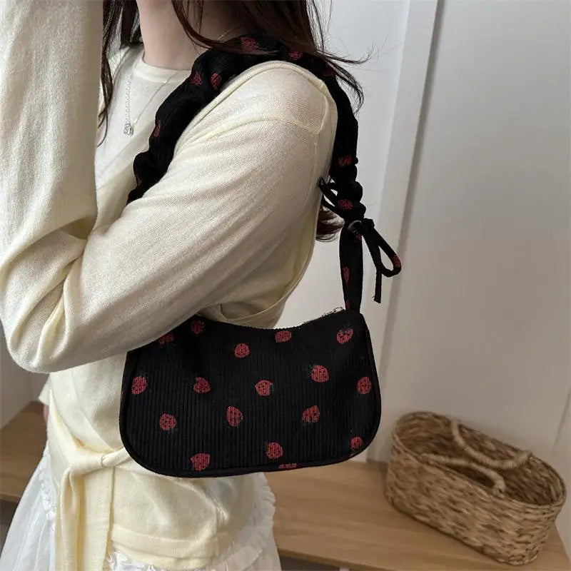 Corduroy Mini Shoulder Bag | Strawberry Print Half Moon Tote