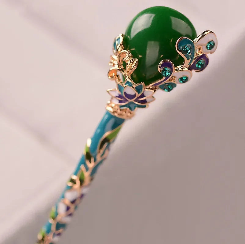 Retro Imitation Jade Hair Stick – Vintage Alloy Hairpin for Women