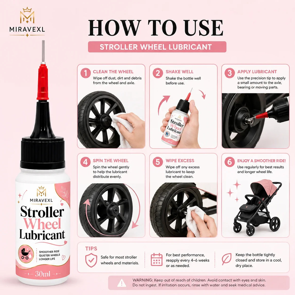 MIRAVEXL Stroller Wheel Lubricant 30ml – Smooth Quiet Ride