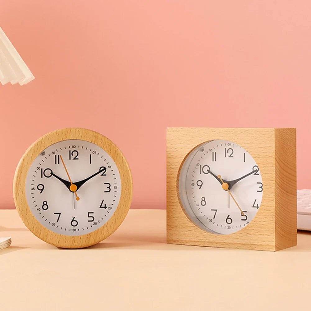 Minimalist Solid Wood Analog Alarm Clock with Night Light