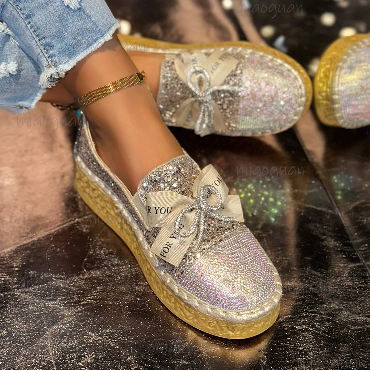 Women's Rhinestone Crystal Bowknot Loafers – Glam Flat Shoes