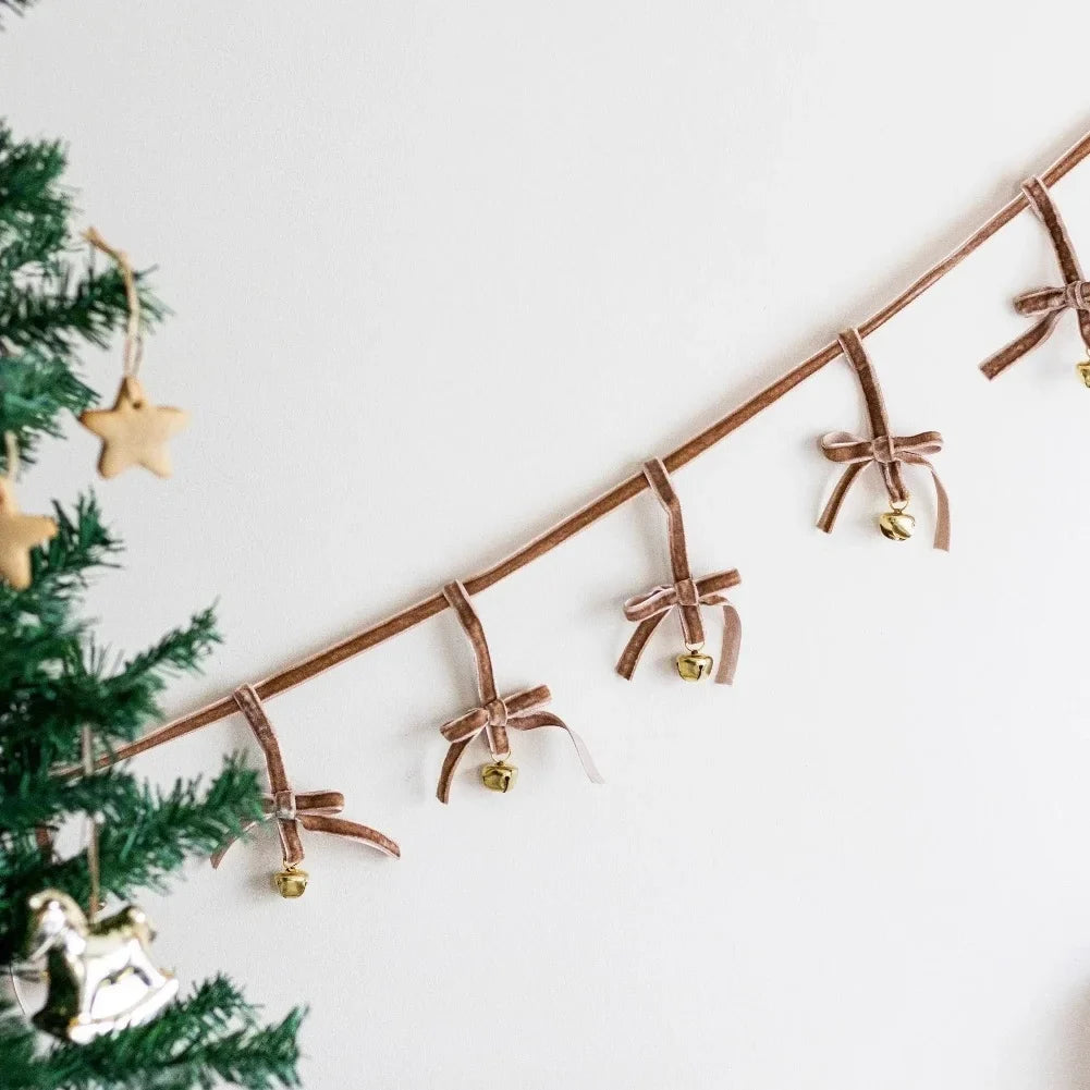 Christmas Velvet Bow Bell Garland 180cm | Holiday Tree Decor