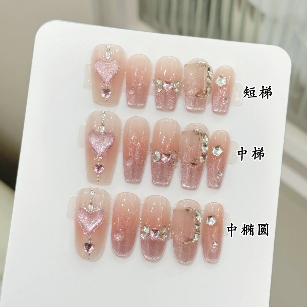 Pink Rhinestone Press On Nails – French Cat Eye 10pcs Set