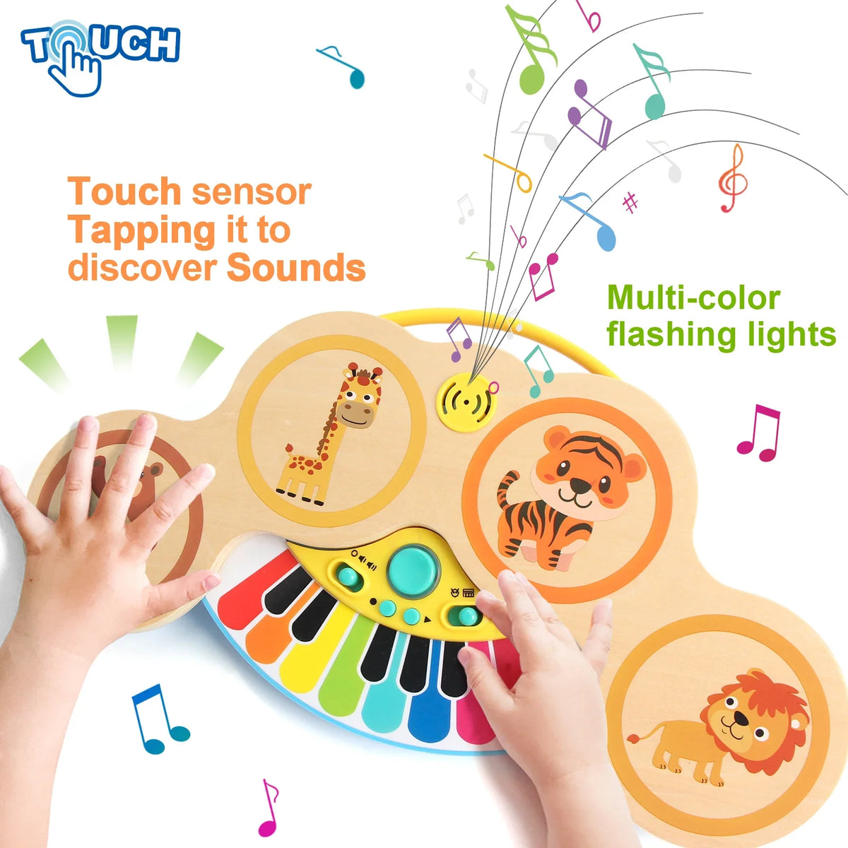 Wooden 2in1 Keyboard Piano Clapping Drum Music Light Cartoon Animals