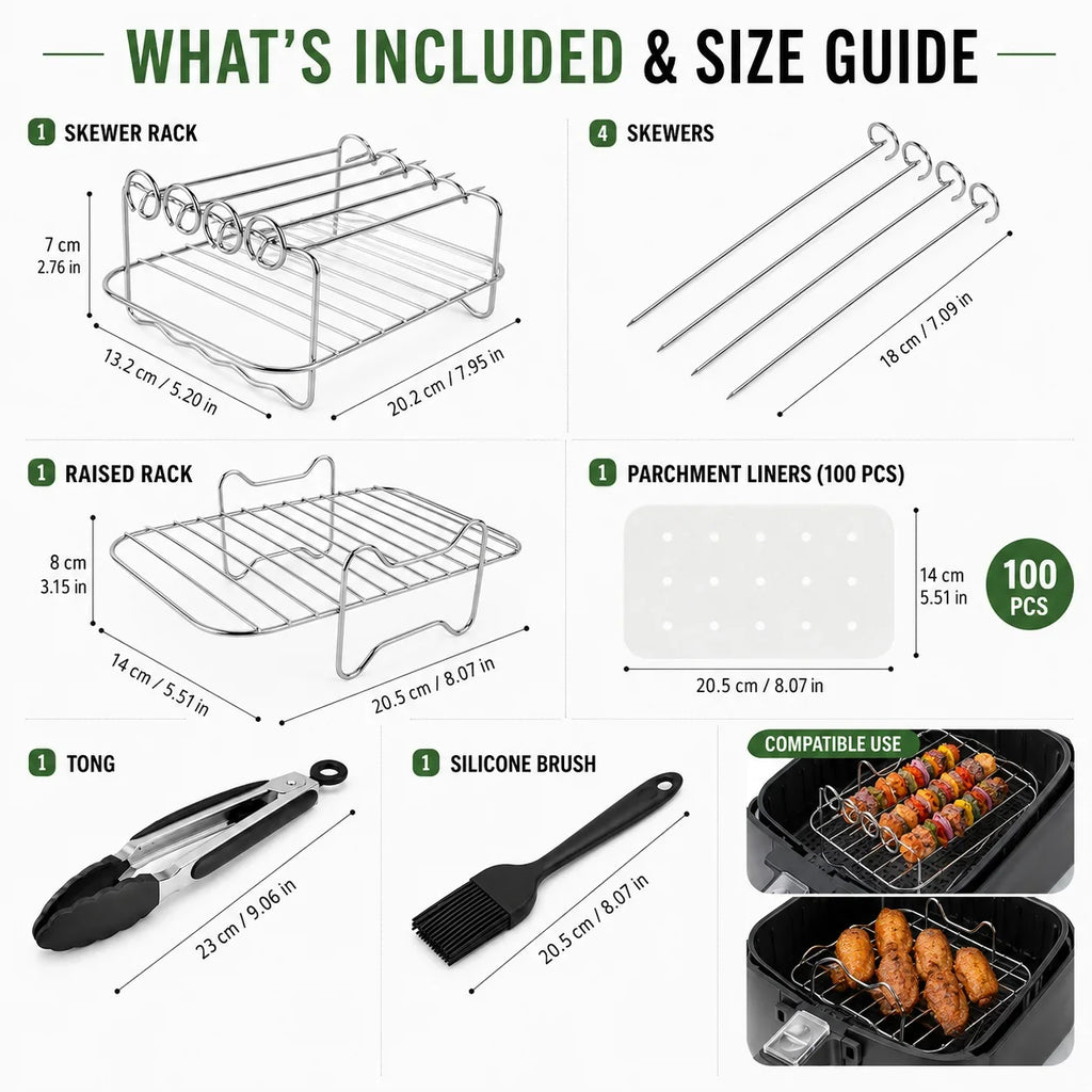 Dual Air Fryer Multi-Layer Rack with Skewers & Baking Paper
