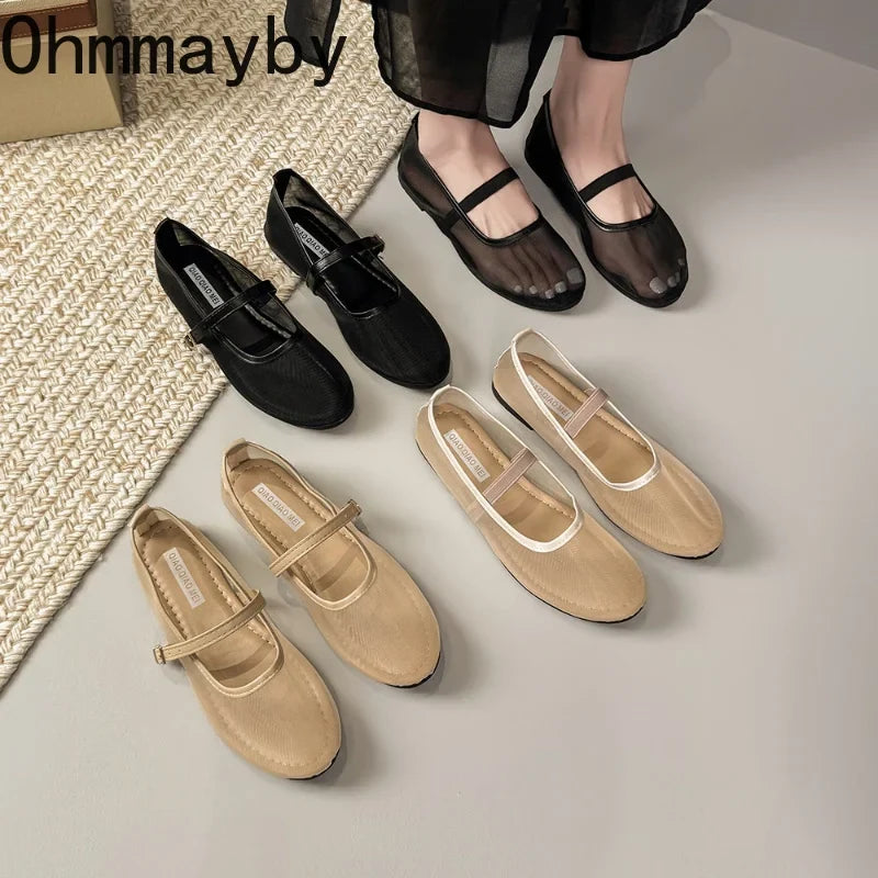 Women's Mesh Mary Jane Ballet Flats – Buckle Strap & Breathable