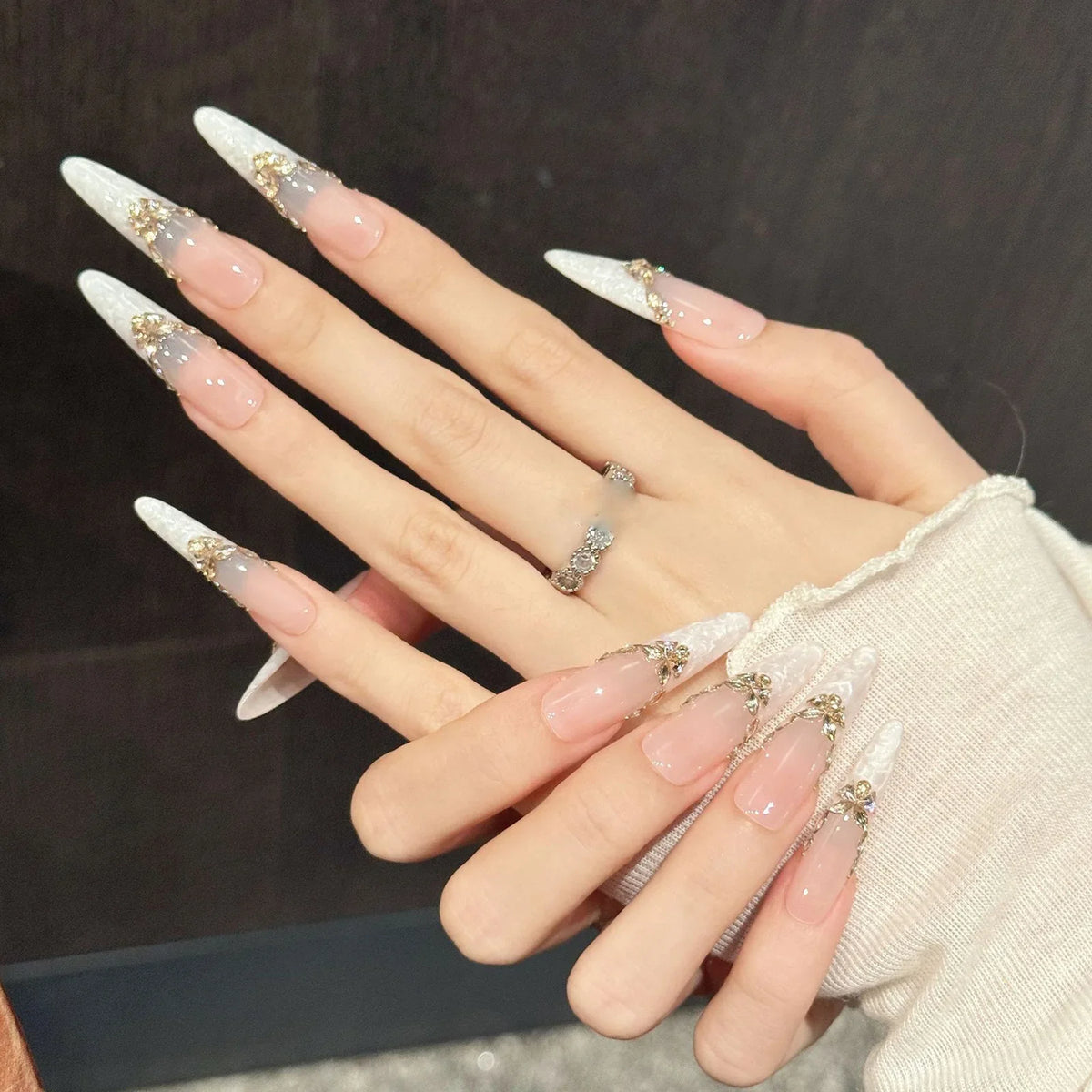 Handmade Press On Nails White Aurora French Almond – 10pcs Set