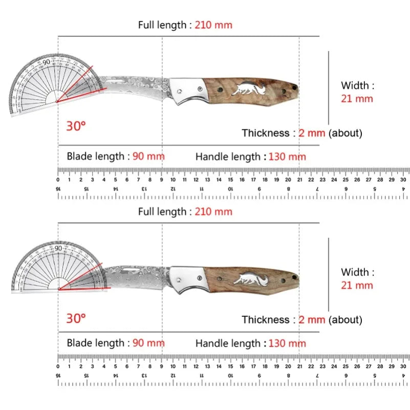 Damascus Steel Folding Knife – Sharp Wood Handle Kitchen Knife