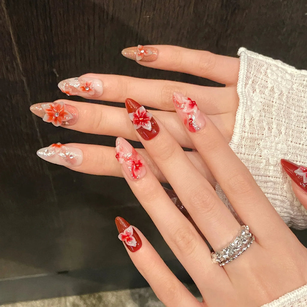 Handmade Almond Press-On Nails – Devil's Flower Design 10pcs