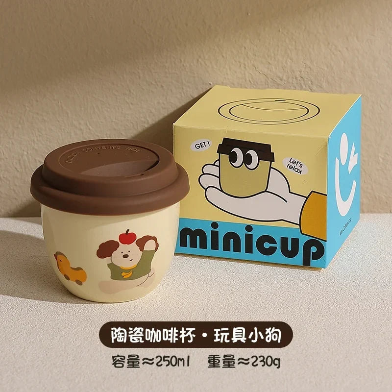 Sausage Dog Ceramic Coffee Mug with Lid | Cute Cartoon Puppy Cup