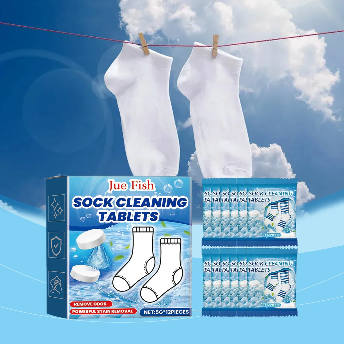 Jue-Fish Sock Cleaning Effervescent Tablets – 12 Pack