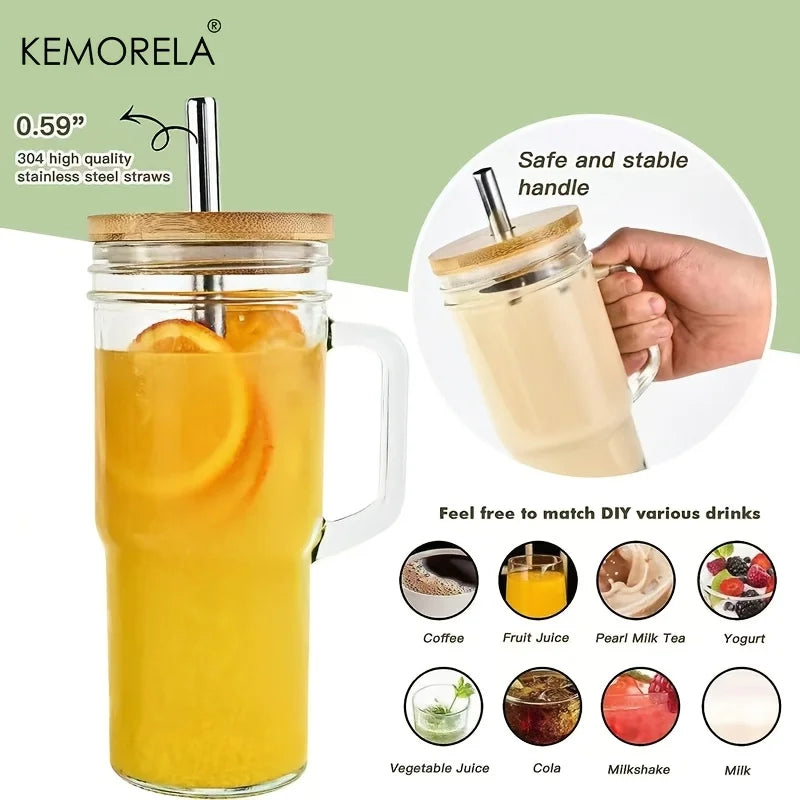 KEMORELA 700ml Glass Cup with Wooden Lid & Straw | Set of 1/2/4