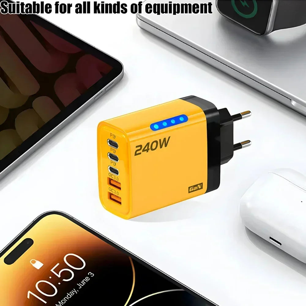 240W GaN 5-Port Fast Charger | 3 USB-C + 2 USB-A with LED