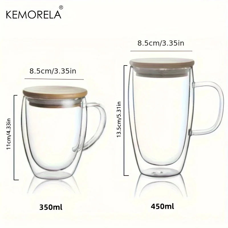KEMORELA Double Wall Glass Coffee Mug 350/450ml – Bamboo Lid