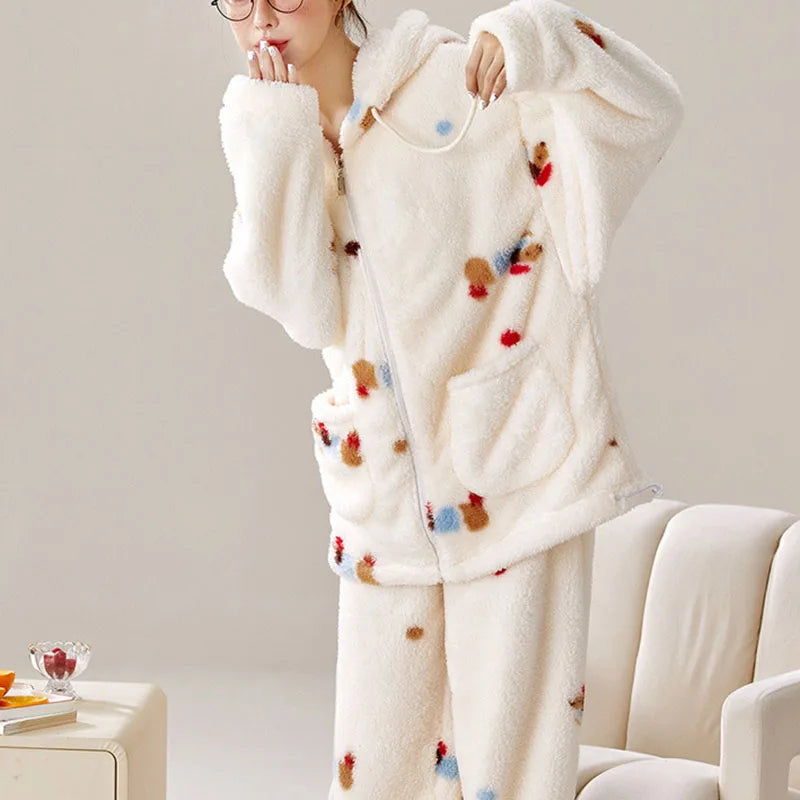 Women's Hooded Cartoon Pajama Set – Warm Fleece 2-Piece Homewear