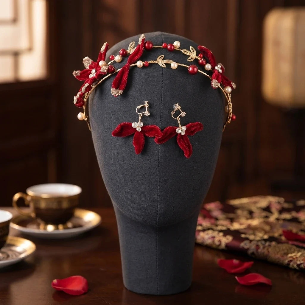 Red Velvet Bridal Headband & Earring Set | Chinese Wedding