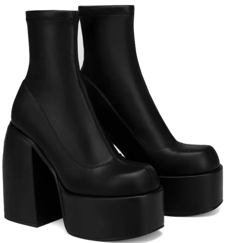 Women's Square Toe High Heel Mid-Calf Boots | Platform Zipper