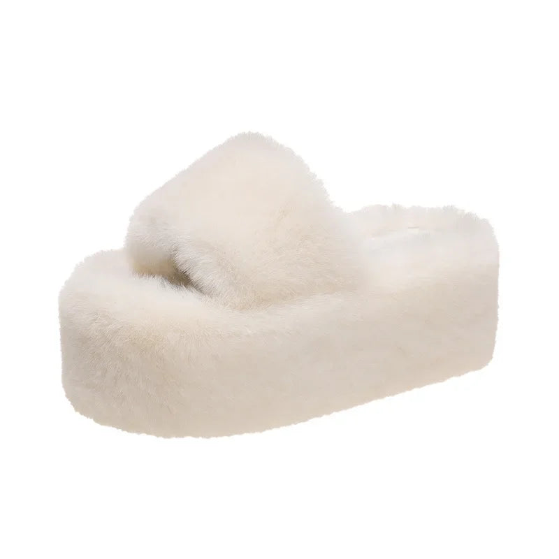 Women's Fluffy Platform Slides – Luxury Plush Fur Slippers