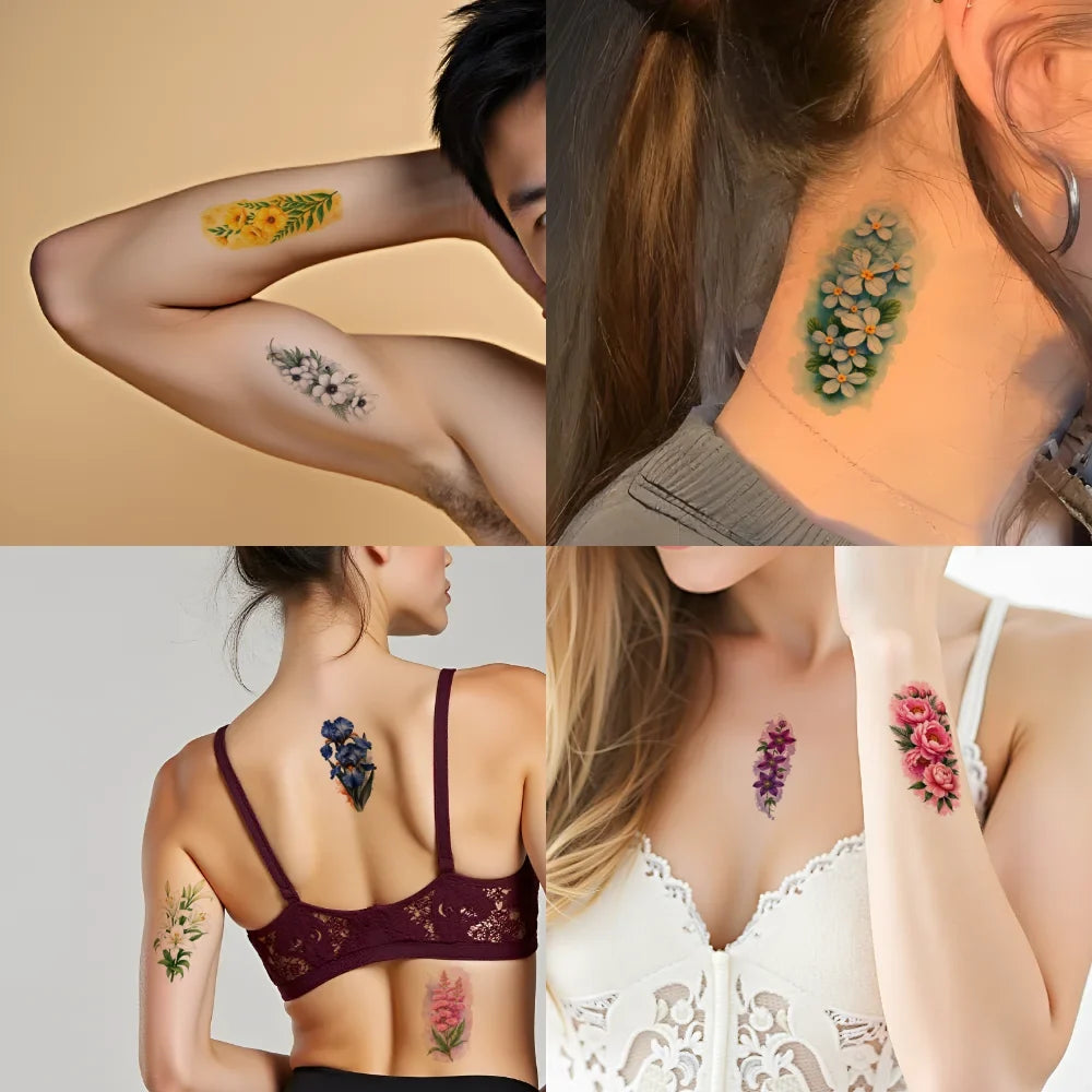 9pc Temporary Tattoos – Lotus, Green Leaves & Pink Blossoms