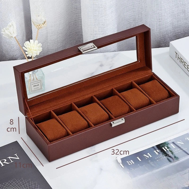 6 Grids PU Leather Watch Box Luxury Storage Display Case Wristwatch