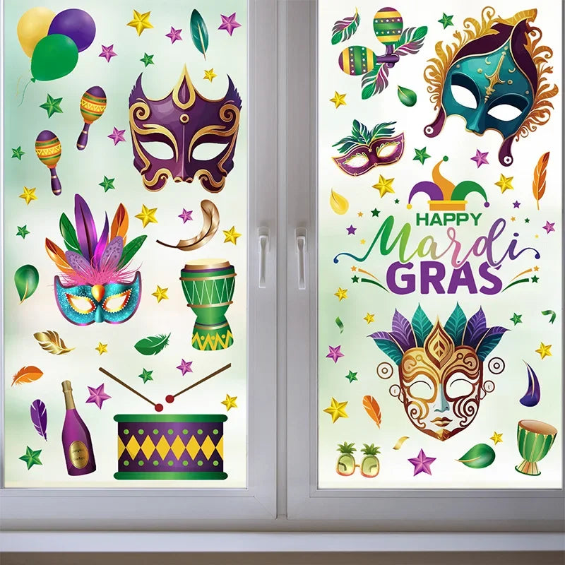 Reusable Mardi Gras Window Stickers Masquerade Mask Feather Pattern