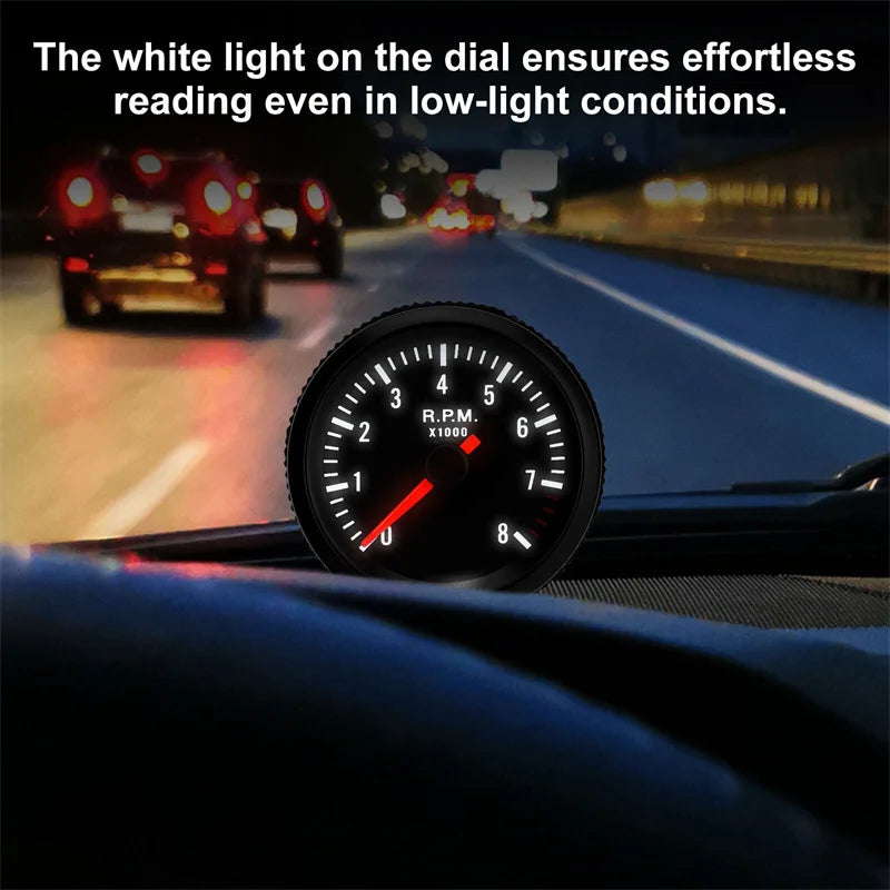 52mm Analog Tachometer RPM Gauge 0–8000 RPM White LED | Petrol Car