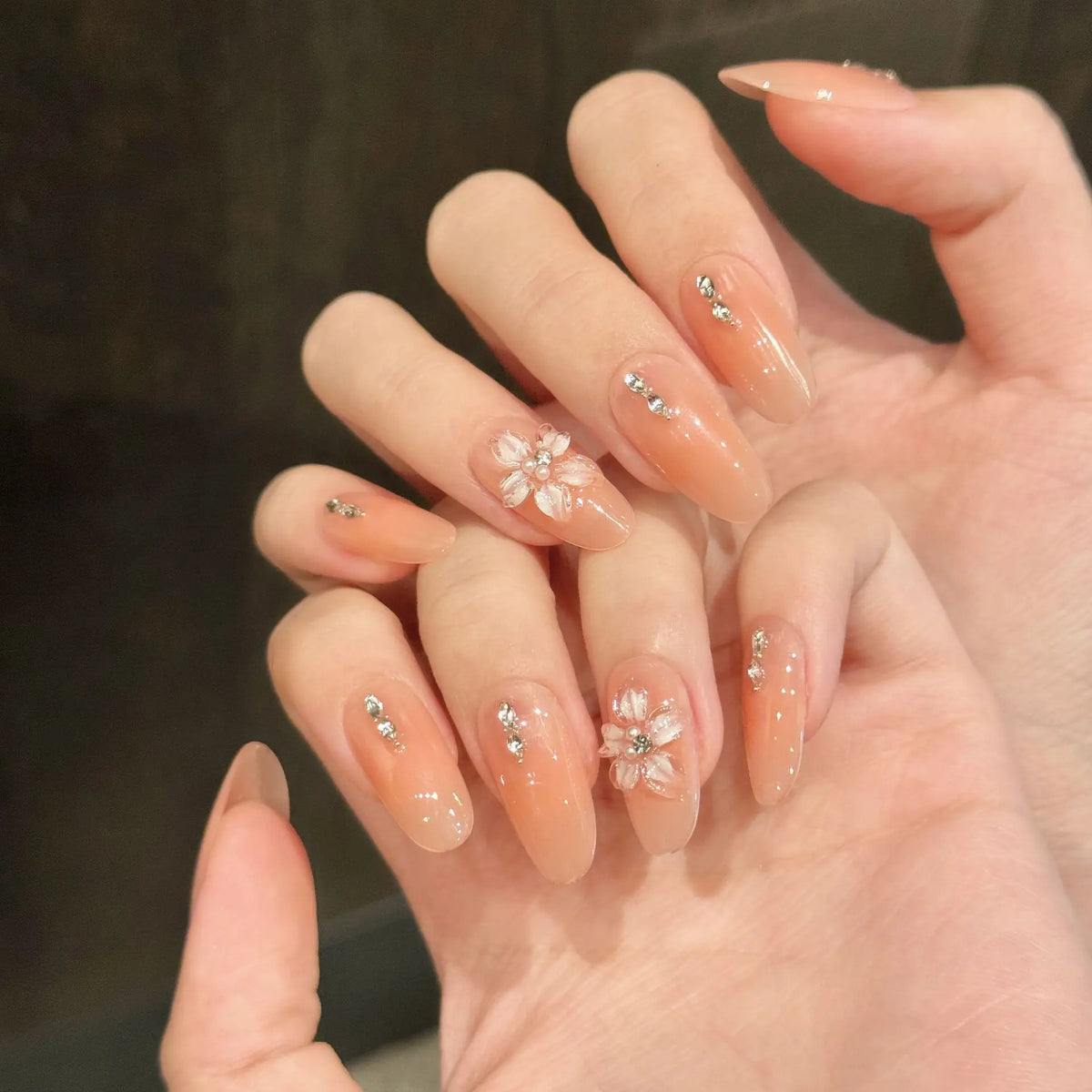 Press On Nails Pink Almond Cat Eye Korean Flower Design – 10pc