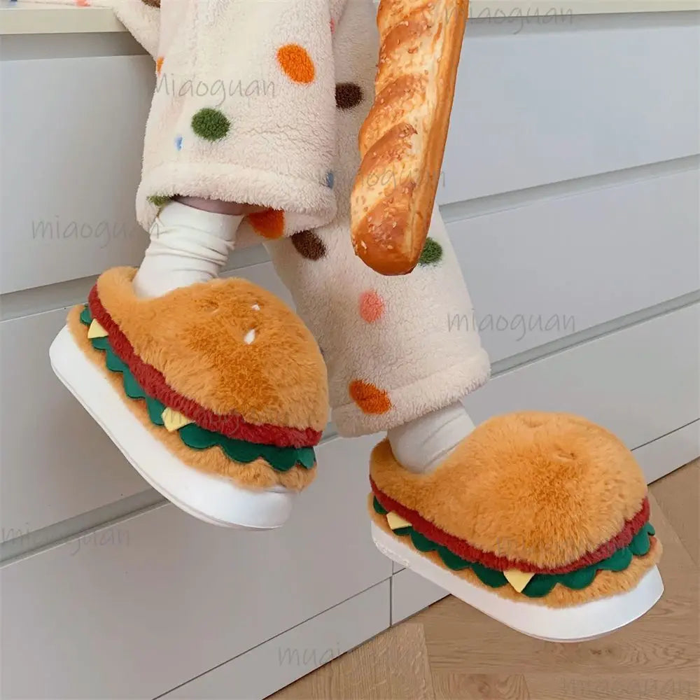 Women's Cartoon Hamburger Plush Platform Slippers | Fluffy
