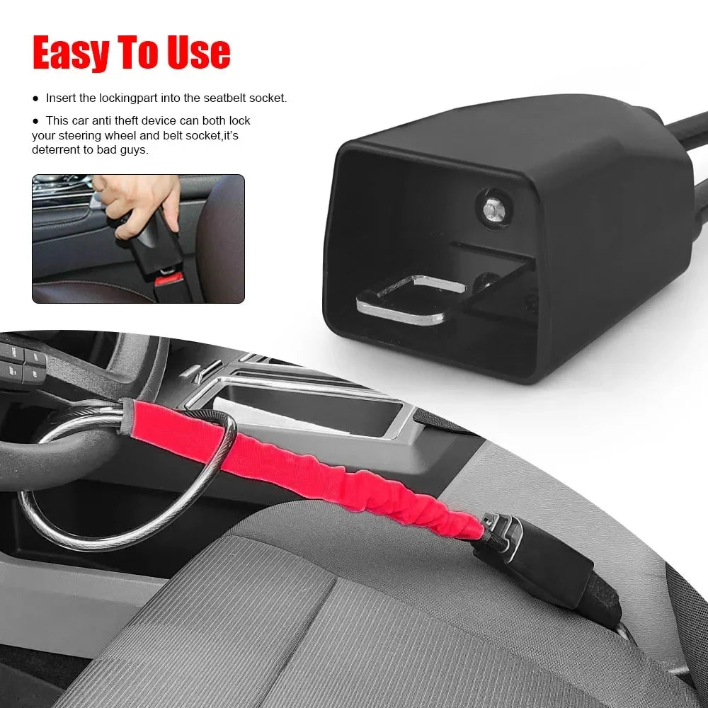Car Steering Wheel Lock Seat Belt Socket Steel Rope Truck SUV Van RV