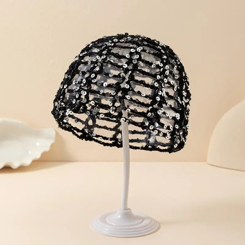 Y2K Sparkly Sequin Knit Beanie Hat – Sheer Hollow Party Cap