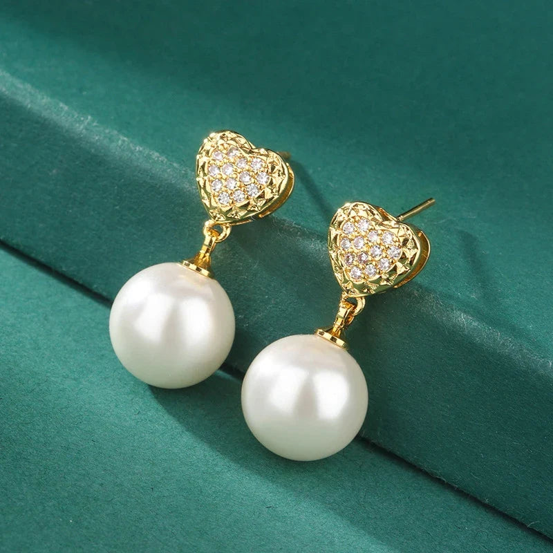 Huitan Pearl Drop Earrings – Heart Cubic Zirconia Women's Jewelry