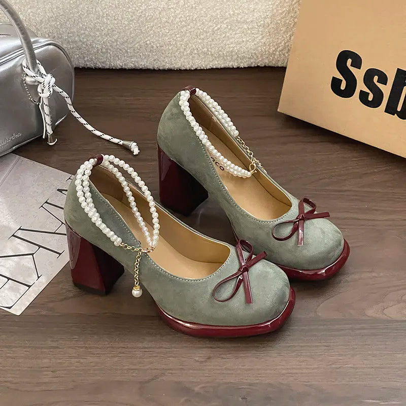 Women's Pearl Buckle Mary Jane Platform Pumps Butterfly-Knot