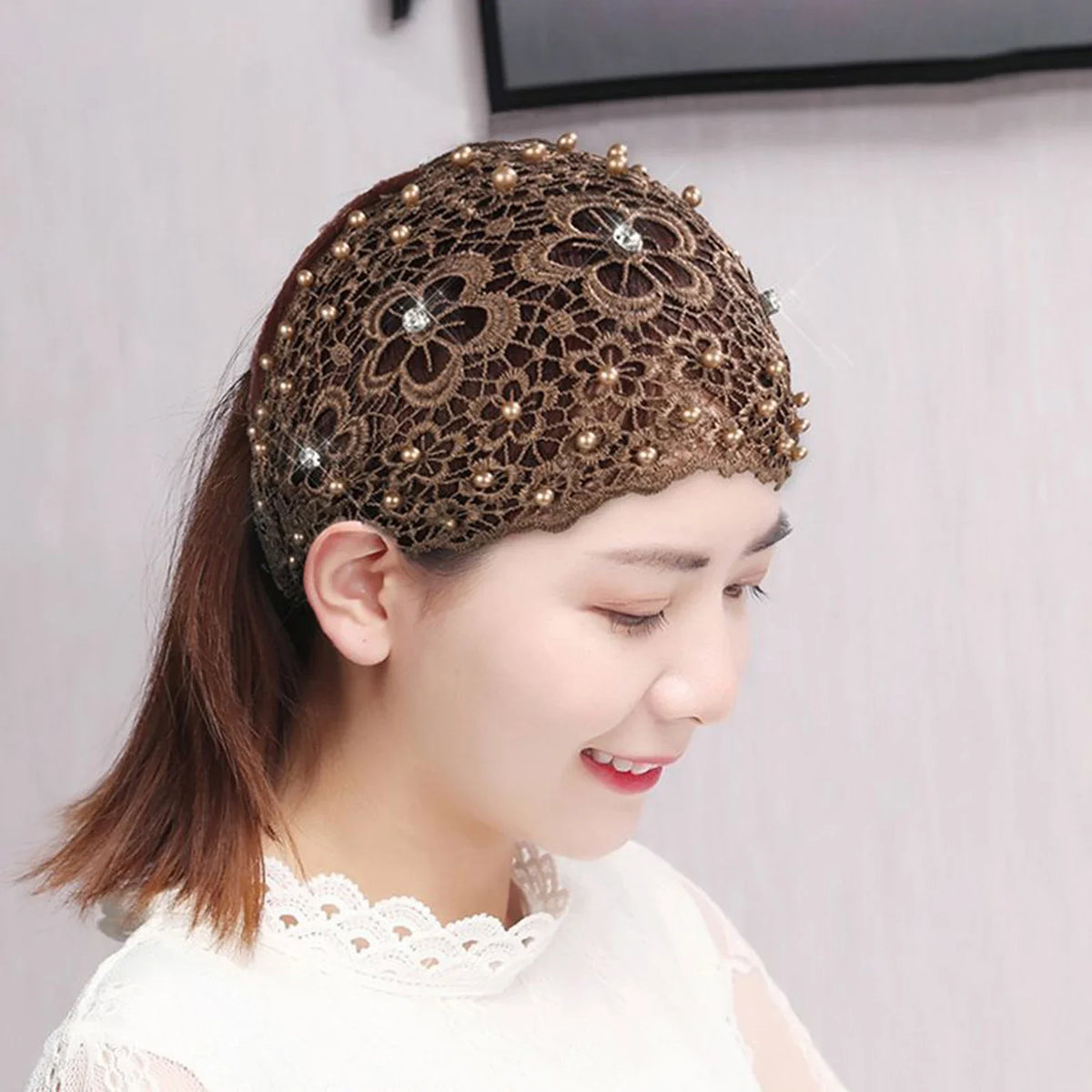 Women's Hollow Floral Rhinestone Wide Headband | Faux Pearl
