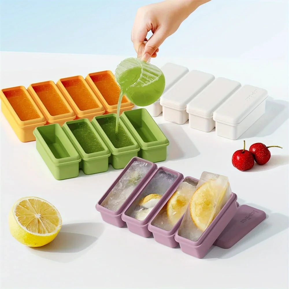 4 Grids Silicone Ice Cubes Trays Lid Homemade Popsicle Mould Food