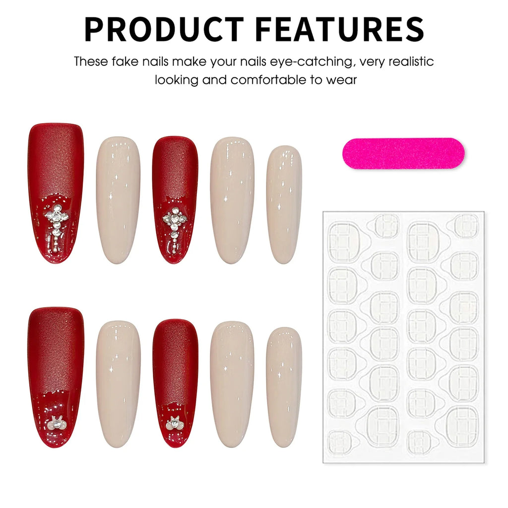 Handmade Almond Press-On Nails | Red Nude Velvet – 10pcs Set