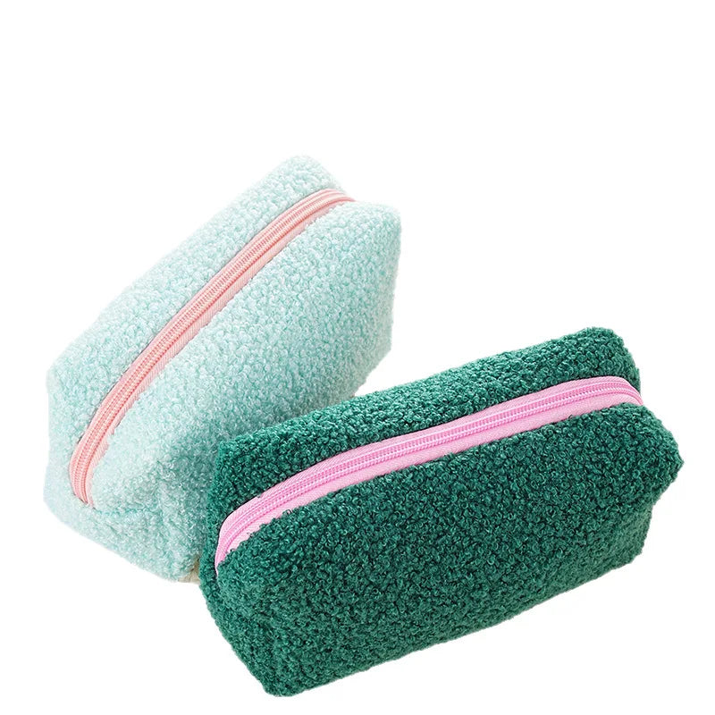 2026 Cute Zipper Plush Large Solid Cosmetic Bag Makeup Women Travel