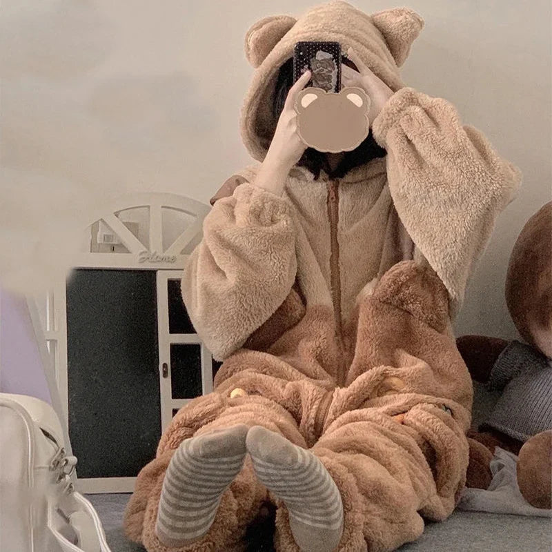 Flannel Animal Onesie Pajamas – Unisex Hooded Bear Sleepwear