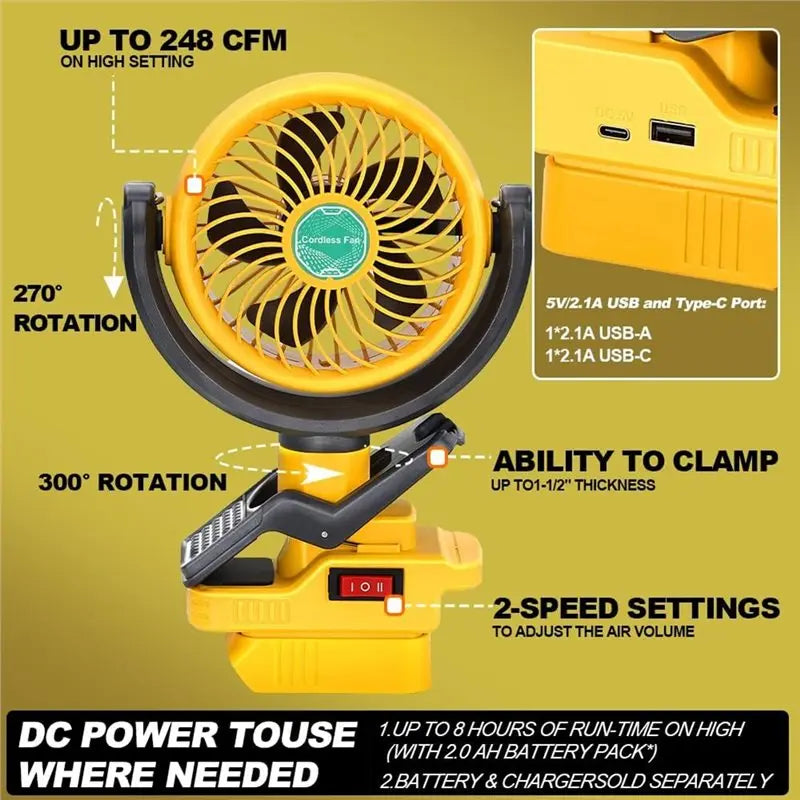 Cordless Clip Fan for DeWalt 20V/60V | 2-Speed Dual USB Fan